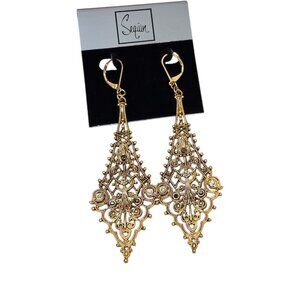 Sequin Filigree Gold Tone Crystal Leverback Statement Earrings NWT